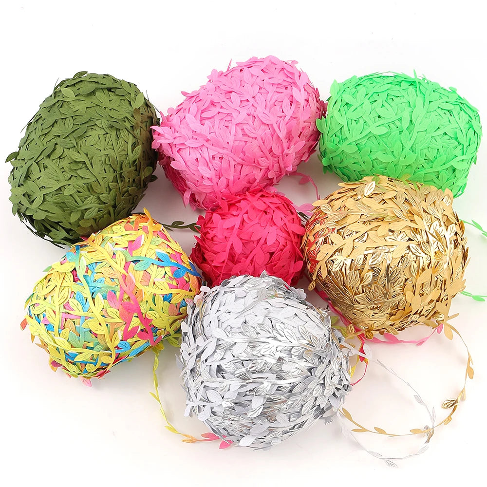 Feuilles artificielles en soie, 5 mètres, vertes et dorées, pour décoration de boîte de mariage, feuillage, scrapbooking, couronne artisanale