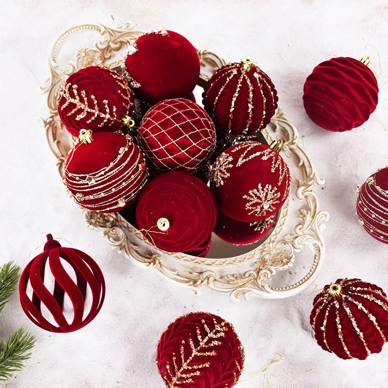 Ornements de boule de Noël rouge vin, paillettes scintillantes, velours, arbre de Noël 8cm, 4 pièces par boîte