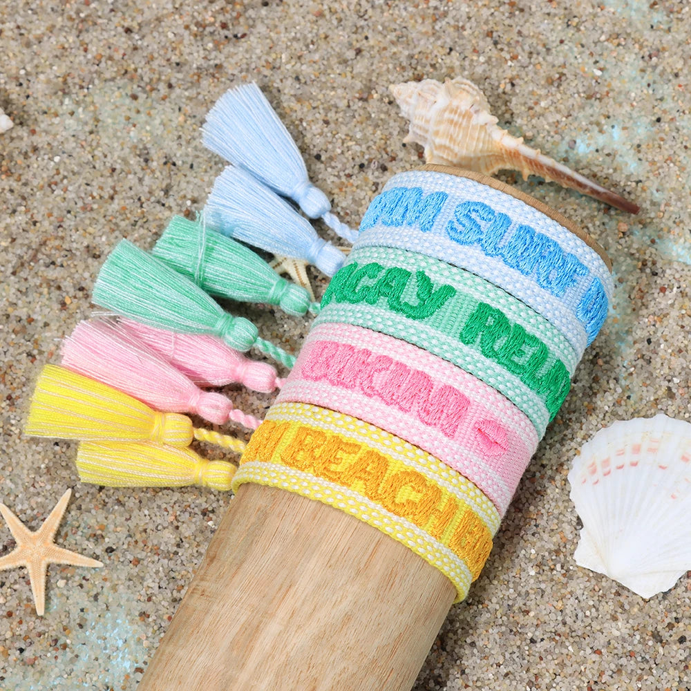 Bracelets d'été tissés avec motif de chia, plage, soleil, sable, PCT