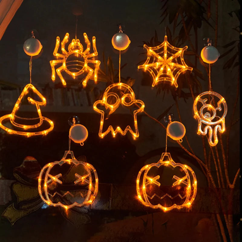 Lumières de fenêtre de décoration d'halloween, citrouille araignée fantôme chapeau de sorcière suspendu LED lampe à ventouse pour la maison Bar décor de fête d'halloween