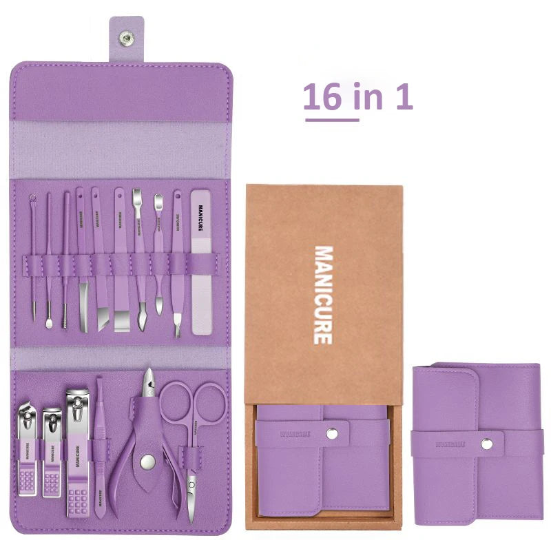 Ensemble de manucure professionnel 12/16 pièces, Kit complet de pédicure en acier inoxydable avec étui Portable en cuir, idée cadeau