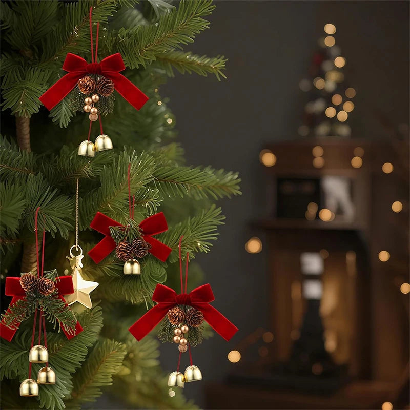 Nœuds de noël en velours avec cloches, 1 pièce, pomme de pin, ornements suspendus pour arbre de Noël
