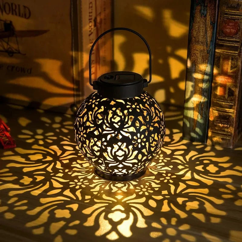 Lanterne solaire à LED en fer forgé, lumière de projection creuse, lampes de face, extérieur, étanche, cour, jardin, décoration artistique