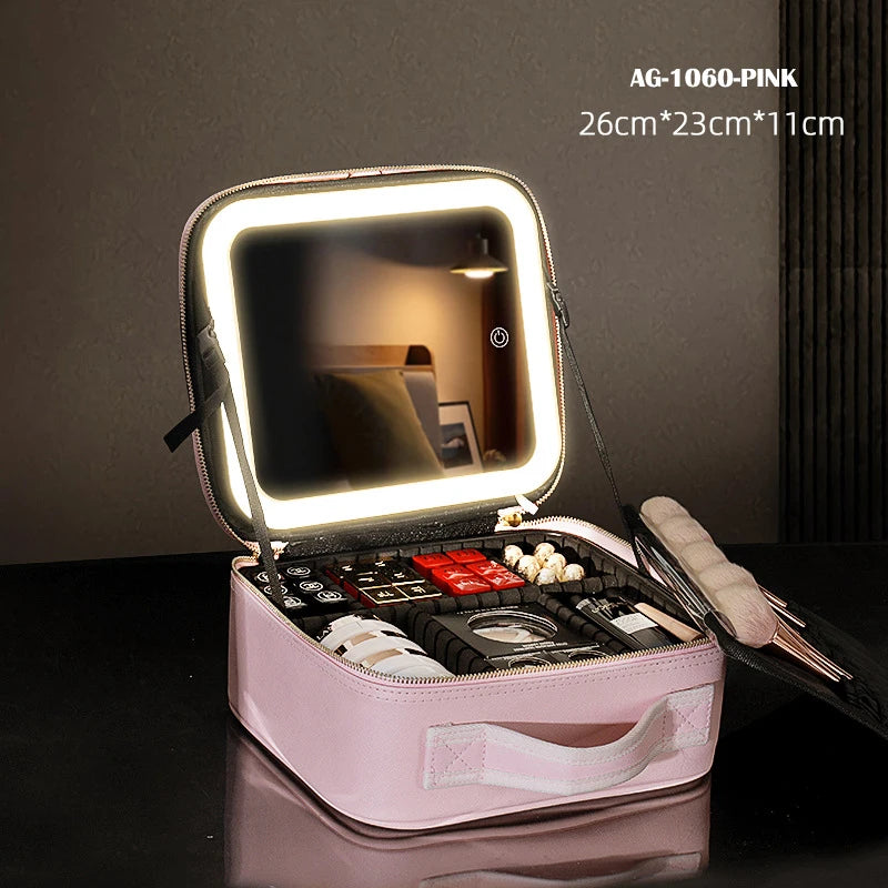 Boîte de rangement de voyage Portable pour cosmétiques, avec sacs de vanité rechargeables Led 2000mAh, étui de maquillage avec miroir lumineux Led