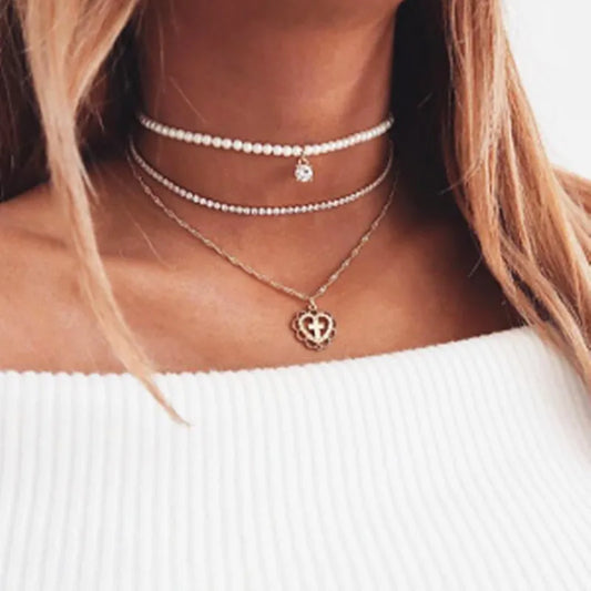 Perle Cristal Collier Ras de Cou Pour Femmes Bohème Coeur Pendentif Multicouche Déclaration Colliers