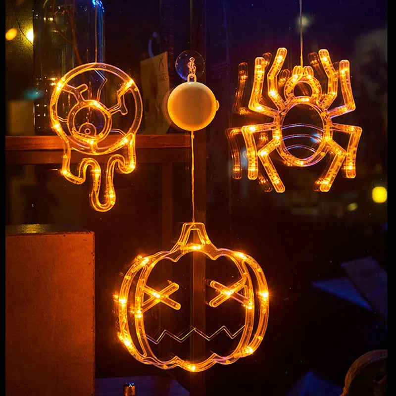 Lumières de fenêtre de décoration d'halloween, citrouille araignée fantôme chapeau de sorcière suspendu LED lampe à ventouse pour la maison Bar décor de fête d'halloween