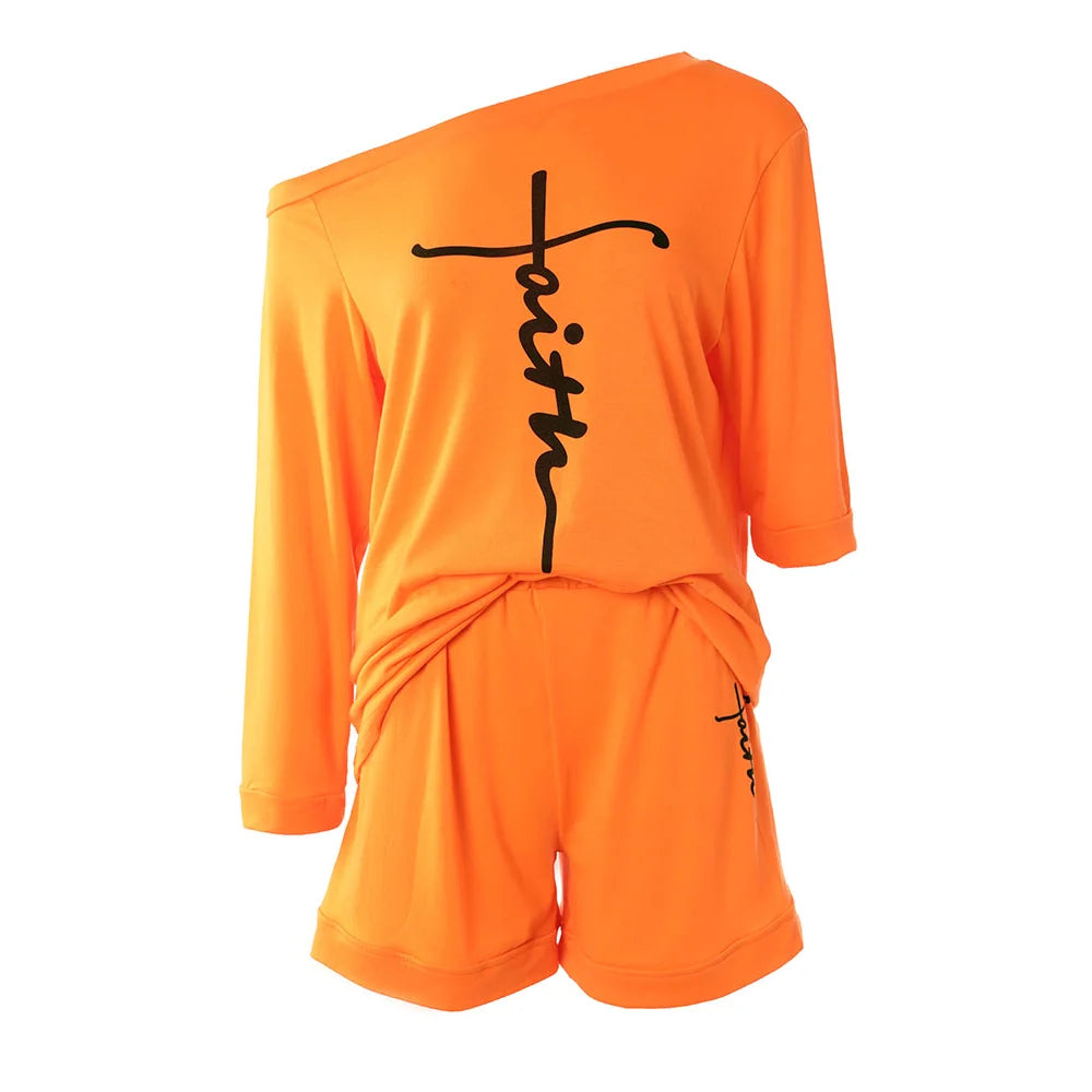 T-shirt à manches longues et col slash pour femme, short droit taille moyenne imbibé, impression adt, été, 2 pièces