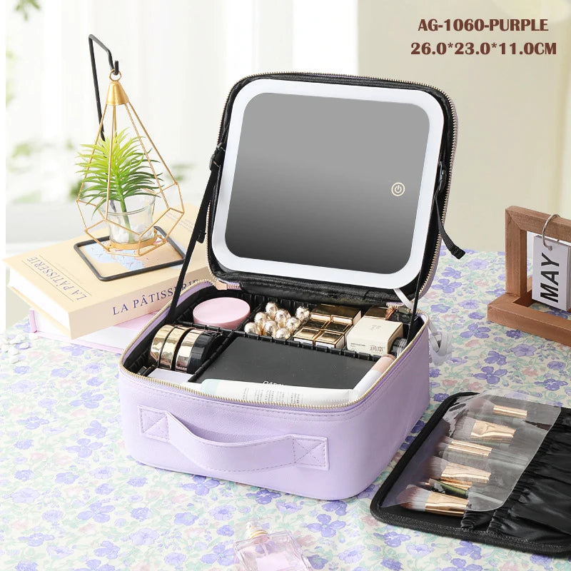 Boîte de rangement de voyage Portable pour cosmétiques, avec sacs de vanité rechargeables Led 2000mAh, étui de maquillage avec miroir lumineux Led