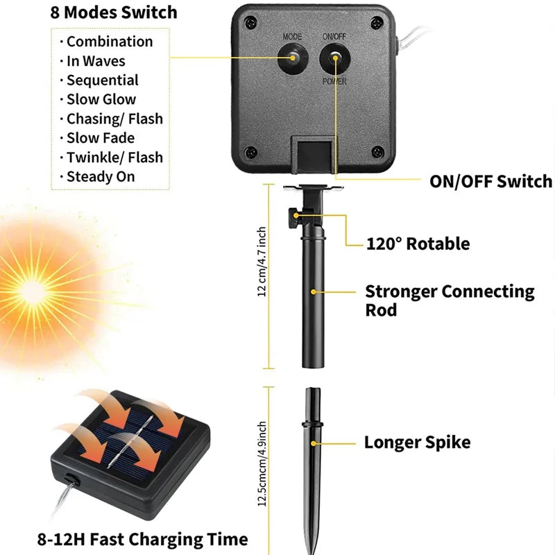 Corde solaire lumières solaire lumière LED chemin pont extérieur jardin solaire chaîne lumières étanche bandes d'éclairage extérieur 8 Modes d'éclairage