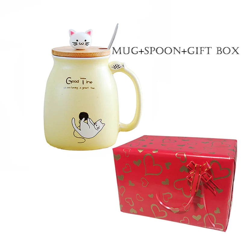 Tasse résistante à la chaleur pour chat, couleur créative, dessin animé avec couvercle, tasse de 450ml, chaton, café, tasses en céramique, tasse pour enfants, verres de bureau, cadeau