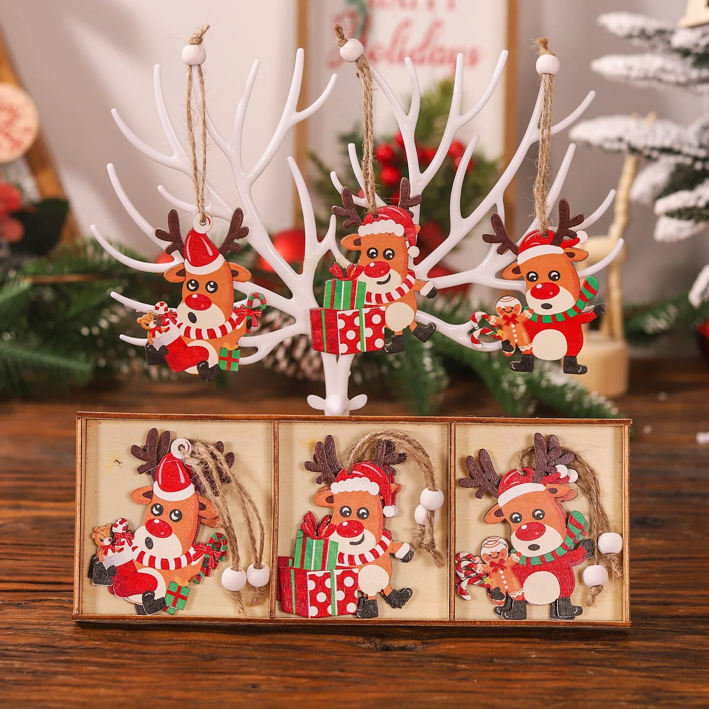 Décoration de Noël en bois, père Noël, bonhomme de neige, wapiti, décoration d'arbre de Noël, 9 pièces