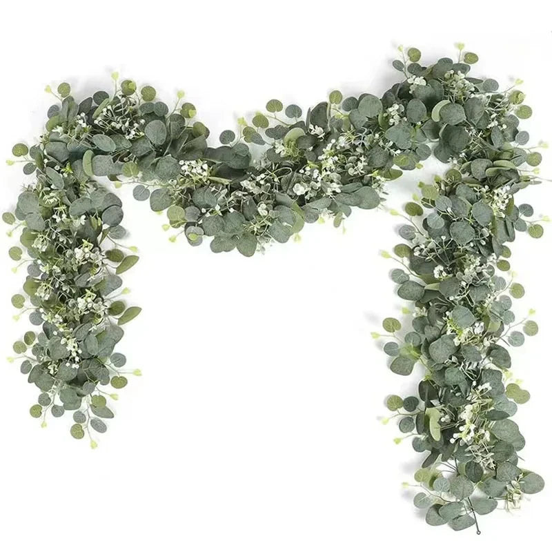 Guirlande de feuilles d'eucalyptus artificielles, 1 pièce, fausse plante verte, vignes de printemps avec fleurs blanches, baies pour décoration de fête de mariage à domicile