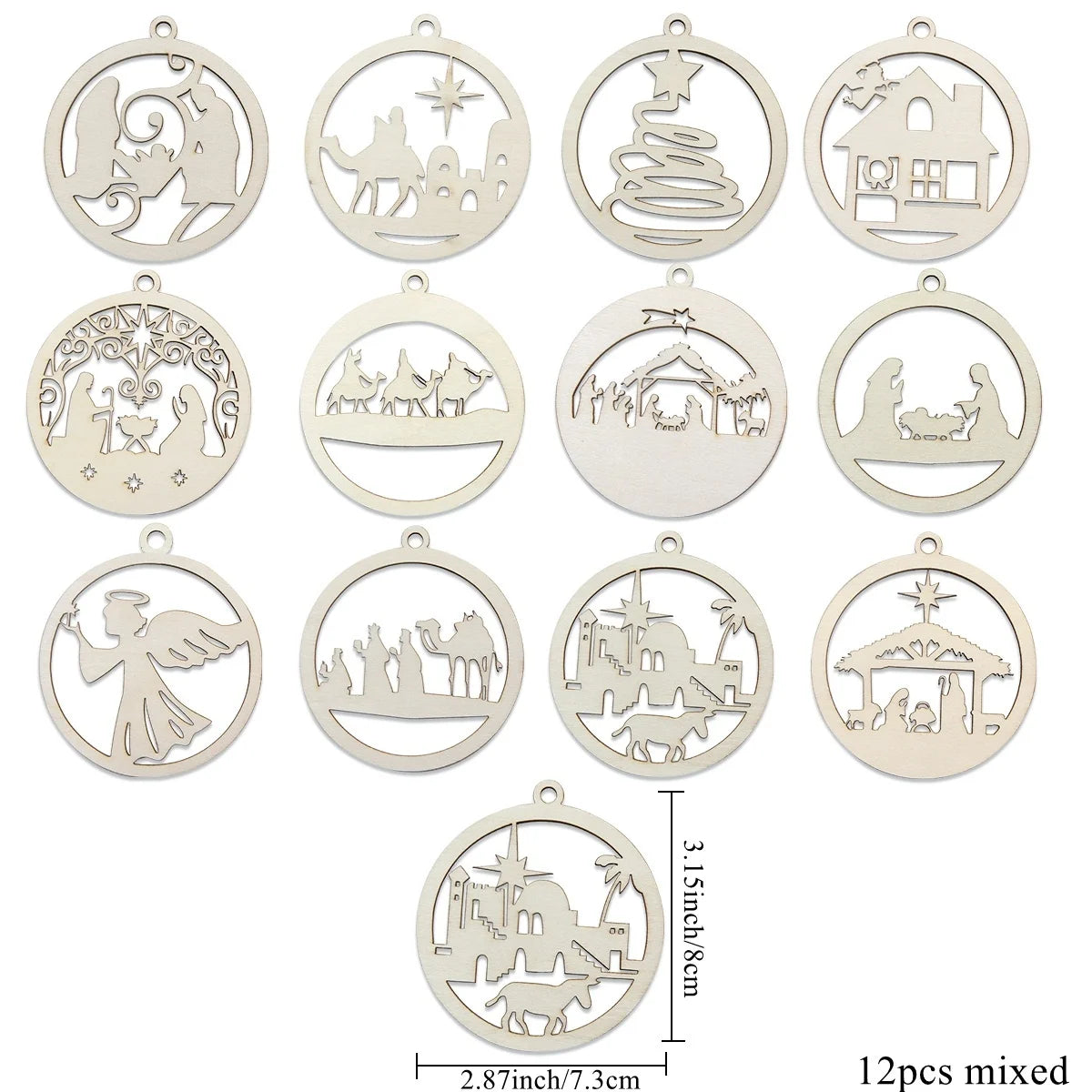 Pendentif Noël en bois avec boule - 12 pièces