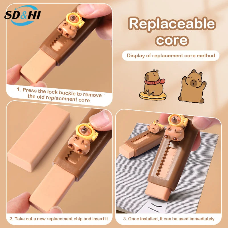 Gomme Capybara douce Kawaii Push Rib pour enfants, fournitures scolaires, papeterie gratuite pour le bureau, gomme en caoutchouc pour étudiants, cadeau propre