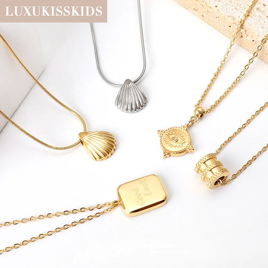 LUXUKISSKIDS Vintage coquille forme pendentif colliers filles/femmes bijoux en acier mode Couple chaîne collier ras du cou