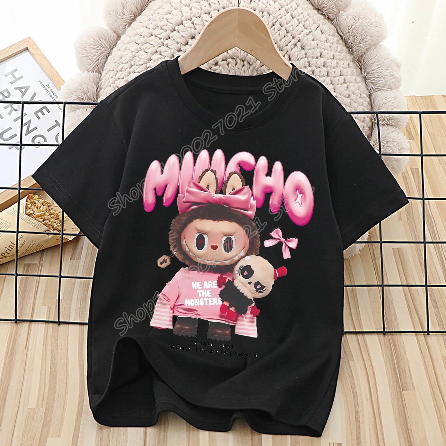 Labubu T-shirt pour enfants mignon dessin animé Anime T-shirt haut noir à manches courtes col rond vêtements mode enfants vêtements d'été cadeau