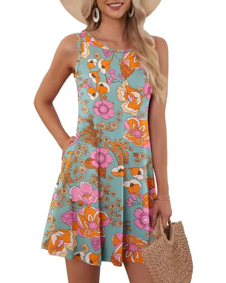Mini robe trapèze rétro à col rond pour femmes, robes d'été pour femmes, poche en fibre, imprimé floral, glacé, précieux, décontracté