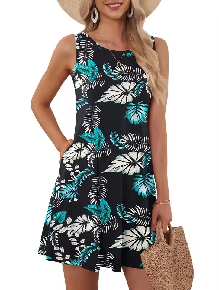Mini robe trapèze rétro à col rond pour femmes, robes d'été pour femmes, poche en fibre, imprimé floral, glacé, précieux, décontracté