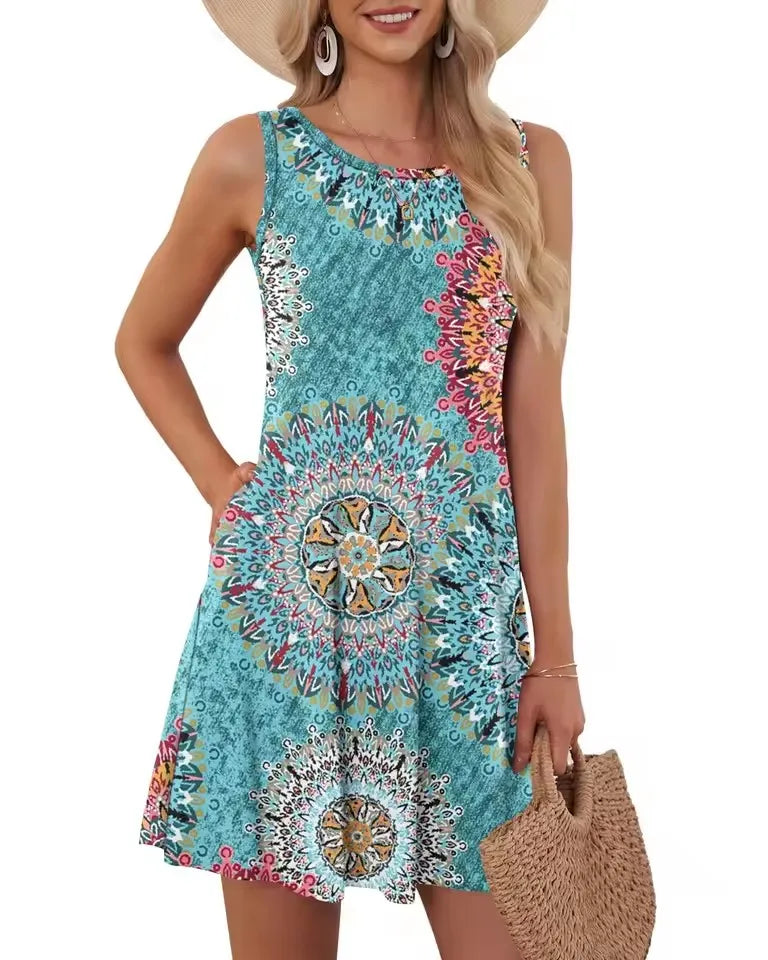 Mini robe trapèze rétro à col rond pour femmes, robes d'été pour femmes, poche en fibre, imprimé floral, glacé, précieux, décontracté