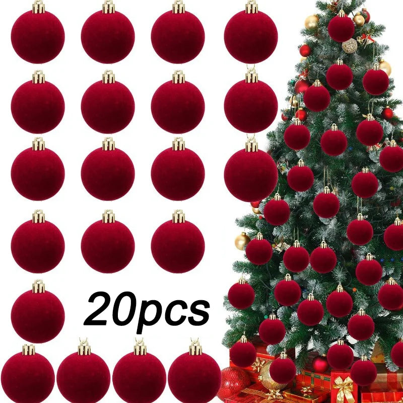 Boules de Noël en velours rouge vin de 6cm, pour arbre de Noël floqué, pendentifs suspendus