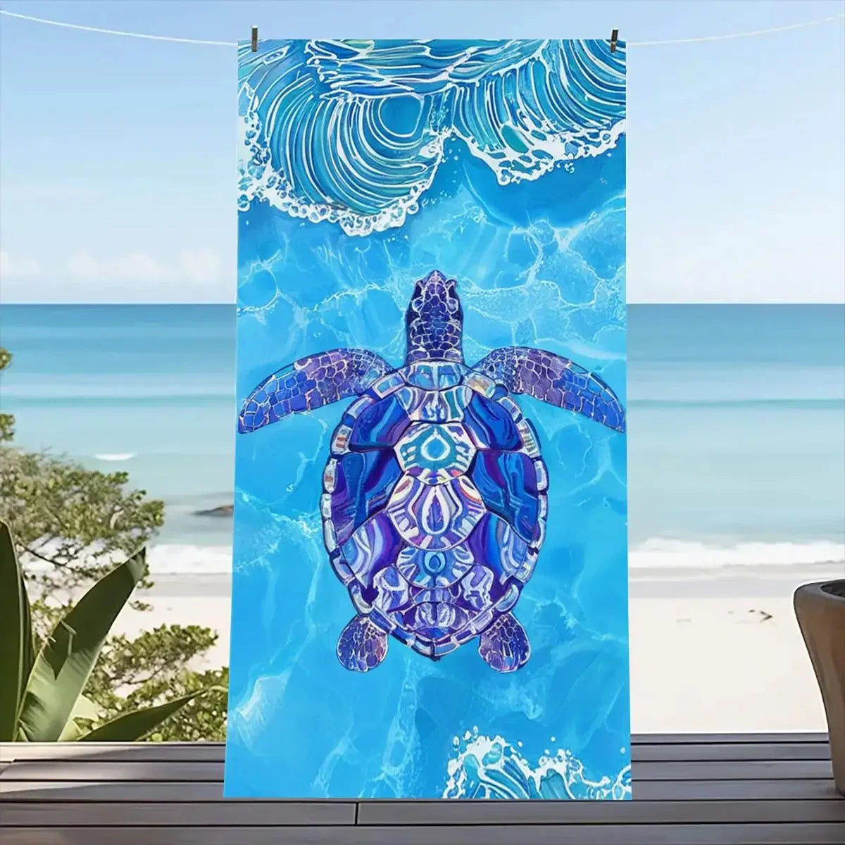 Serviette de plage avec motif imprimé tortue et vague, protection solaire et coupe-vent, adaptée à la piscine, au camping, une couverture de voyage