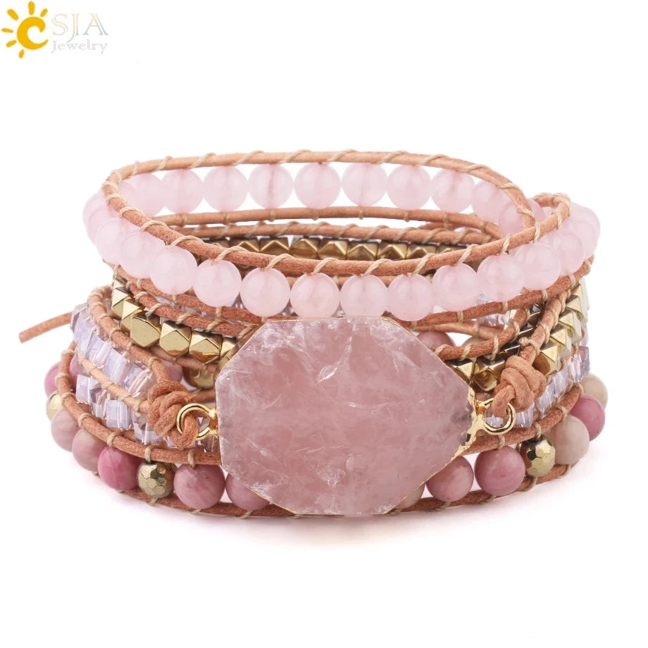 Bohemain femmes Bracelet en cuir pierre gemme rose cristal Vintage tissage déclaration fantaisie fille Bracelet Bijoux S308