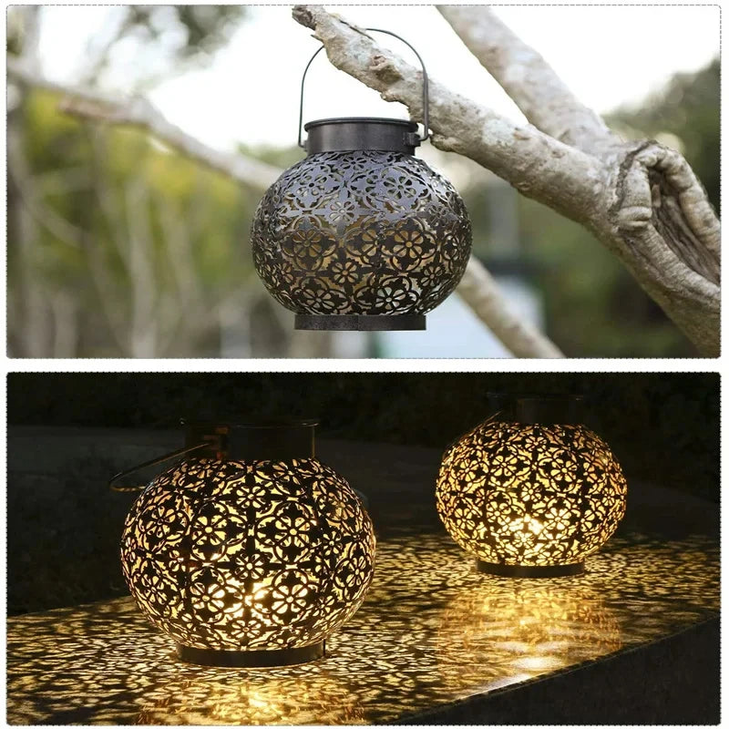 Lanterne solaire à LED en fer forgé, lumière de projection creuse, lampes de face, extérieur, étanche, cour, jardin, décoration artistique
