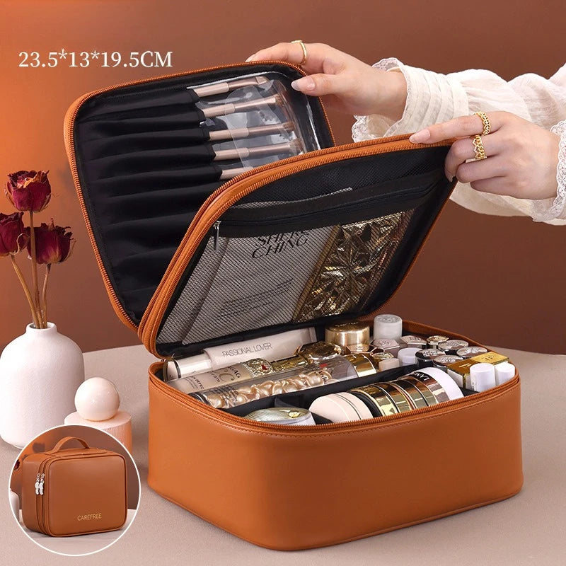 Pu Leather Fashion Women Travel Makeup Bag Tote Large Capacity Organizer Cosmetic Toiletry Pouch Luxury Double Layer Makeup Bag