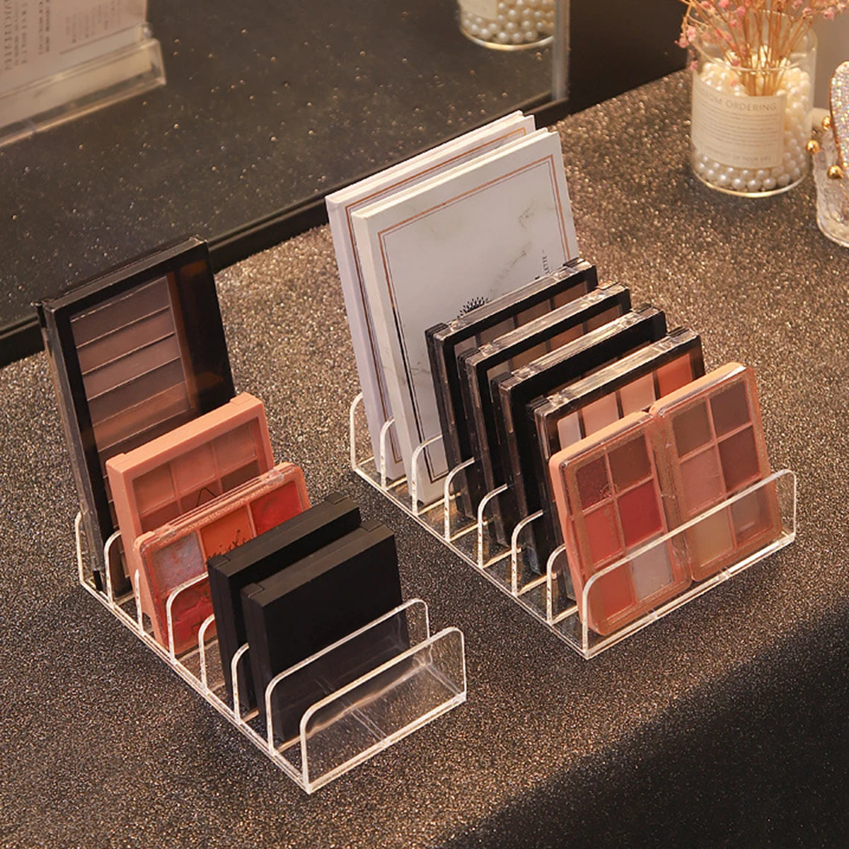 7-Compartment Transparent Makeup Organizer for Eyeshadow Palette and Cosmetics, Vanity Table and Bathroom Countertop Storage Box