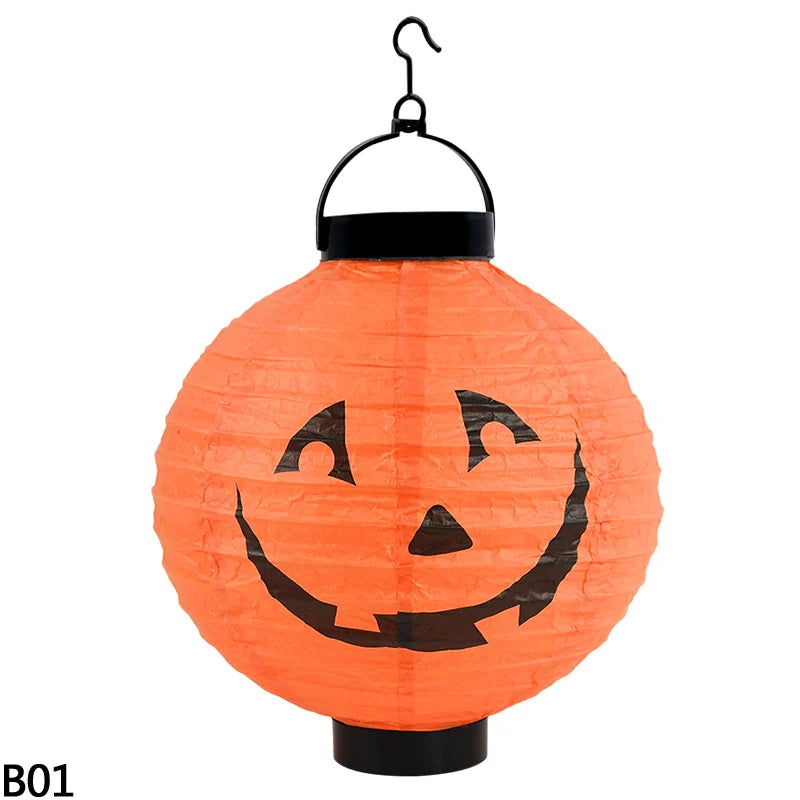 Lanterne LED en papier citrouille pour Halloween, lanterne suspendue avec impression de crâne d'araignée et de chauve-souris, décoration extérieure pour Festival, fête, maison, jardin
