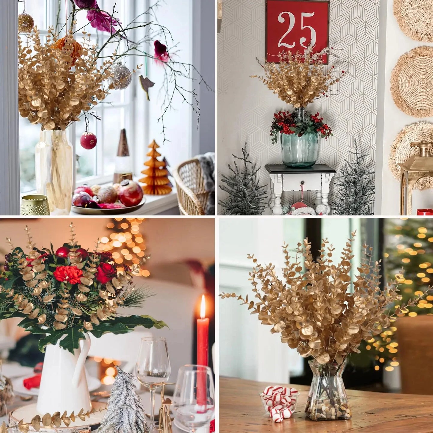 Tiges d'eucalyptus artificielles, feuilles d'or, fausses fleurs pour Arrangement Floral, Bouquets de mariage, décoration de noël, 10/20 pièces