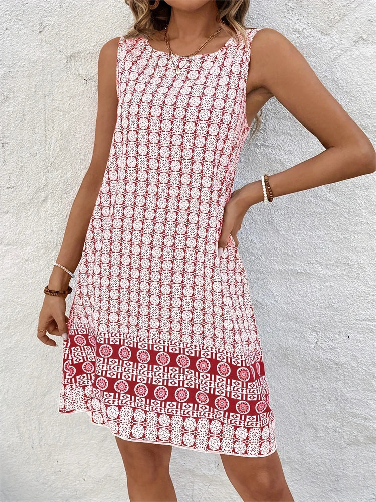Robe courte d'été pour femmes, longueur aux genoux, style bohème, Vintage, imprimé, col rond, décontractée, confortable, robe de plage, sans manches, 2025