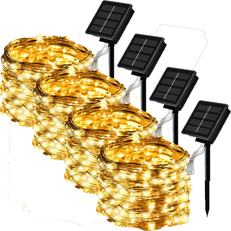 Guirlande solaire d'extérieur LED, guirlande féerique en fil de cuivre, lampe de décoration de jardin, cour, fête de noël, 8 modes