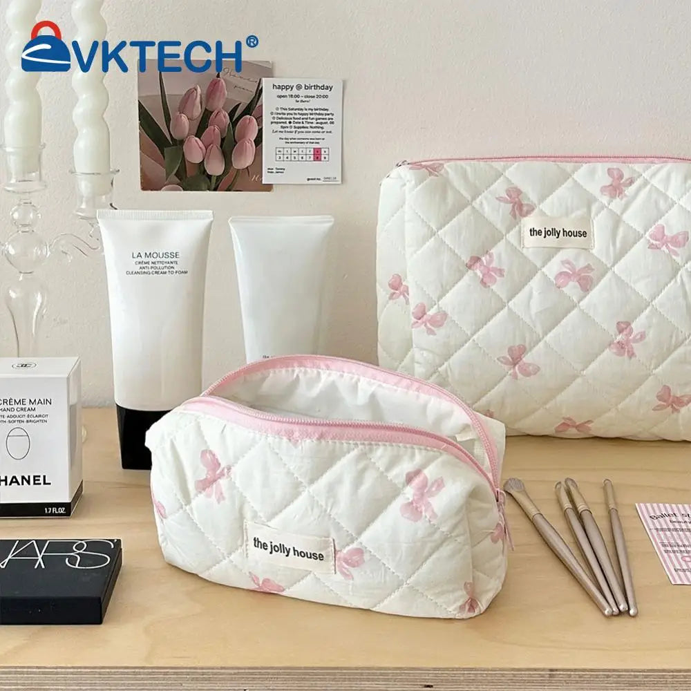 Trousse à cosmétiques en coton matelassé pour femmes et filles, trousse de maquillage, sac de soin de la peau avec fermeture éclair, joli nœud