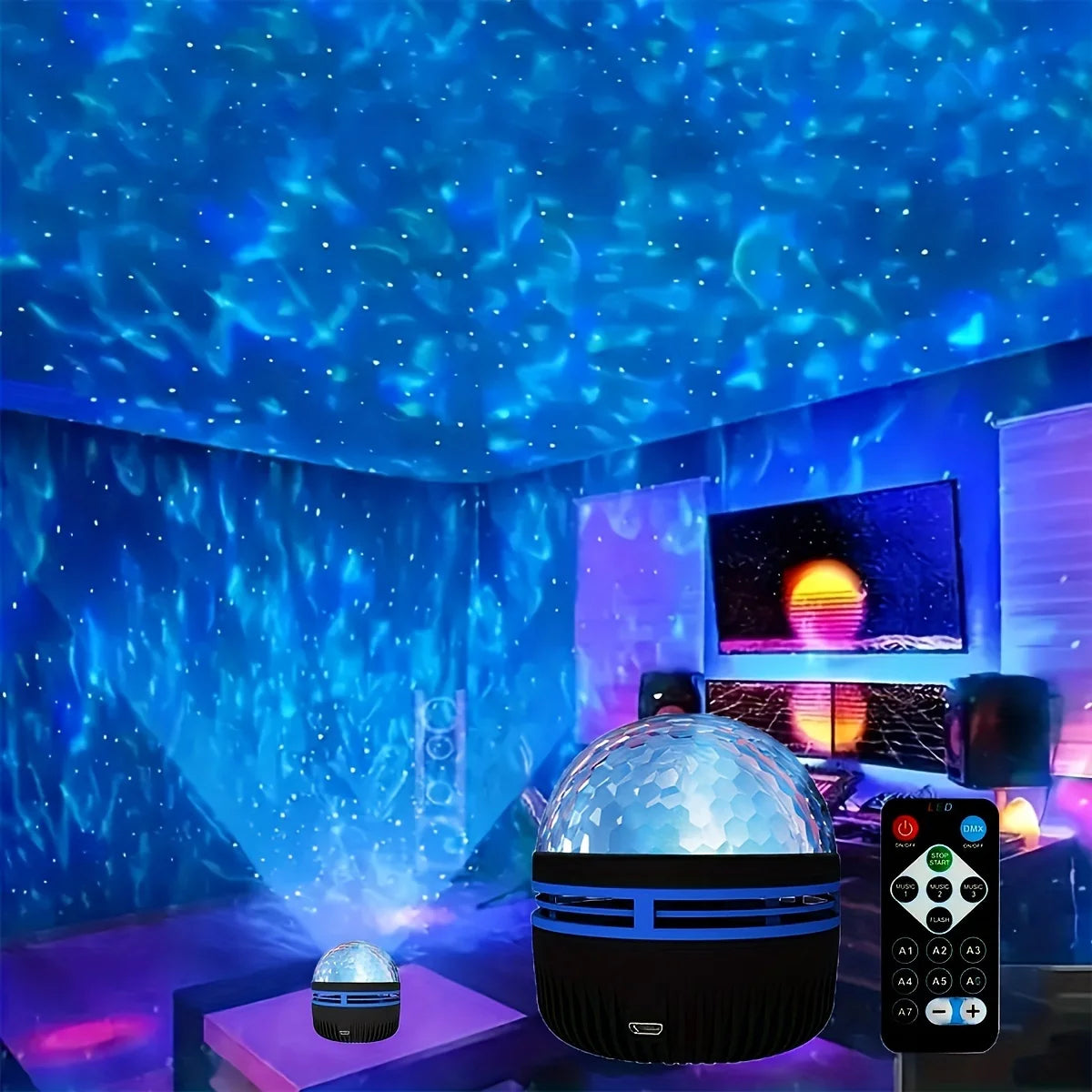 Projecteur LED Starry Galaxy Ocean Wave RVB, télécommande intelligente, lampe KTV, USB, lumières de Noël, rotation automatique pour la décoration de la maison et de la chambre