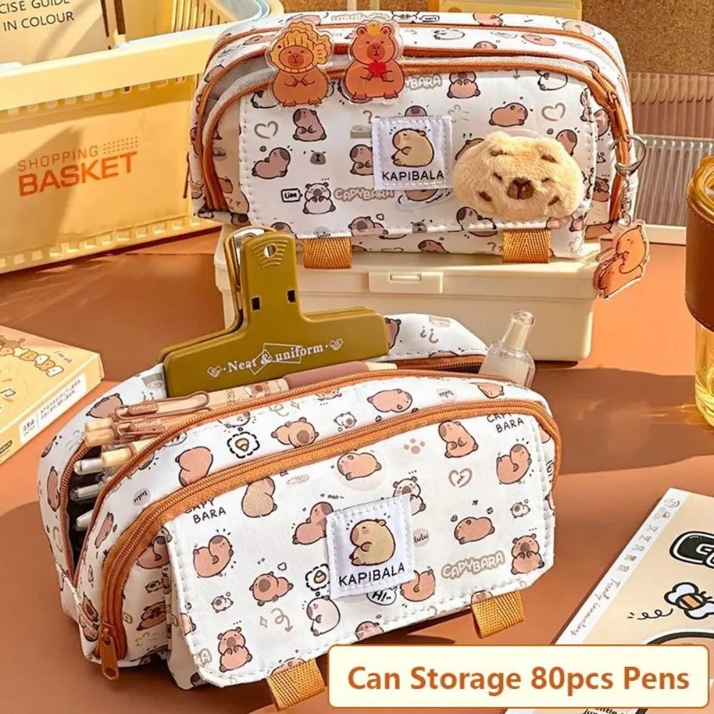 INS Capybara – sac à stylos à quatre couches de grande capacité, trousse à crayons de dessin animé mignon, organisateur de papeterie