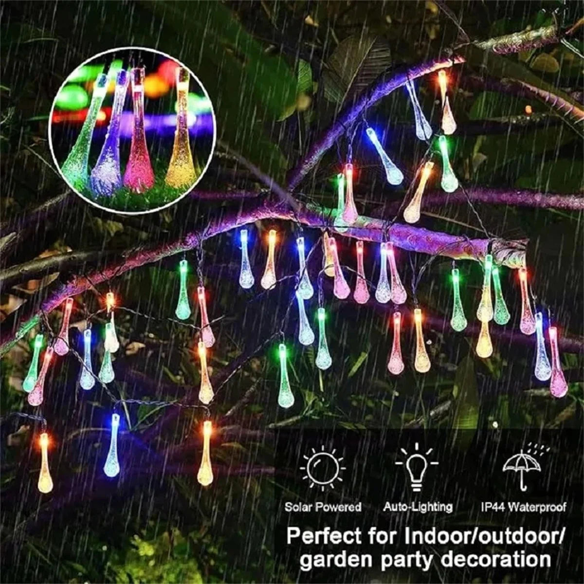 5 M/6.5 M/7 M/12 M solaire festival chaîne lumière LED paysage étanche lumière gouttes d'eau jardin décoration lampe lumière extérieure
