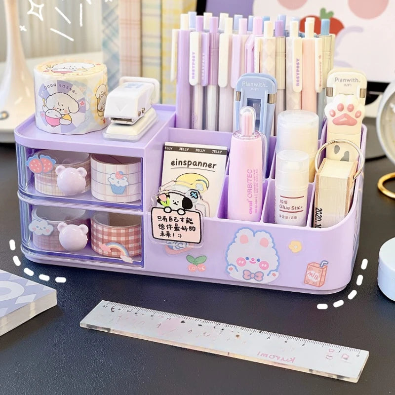 Ins Kawaii – boîte de rangement de bureau, organisateur de tiroir à poignée d'ours mignon, porte-stylos de papeterie, boîte de rangement de ruban adhésif, support organisateur