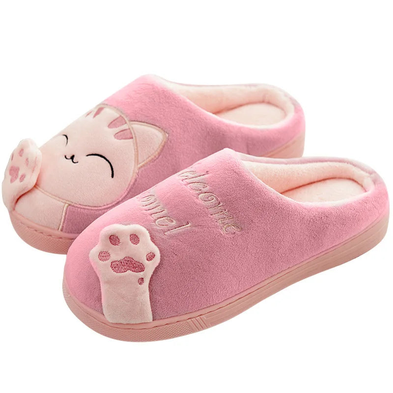 Pantoufles d'hiver pour femmes, chaussures de chat de dessin animé, douces et chaudes, pantoufles en coton