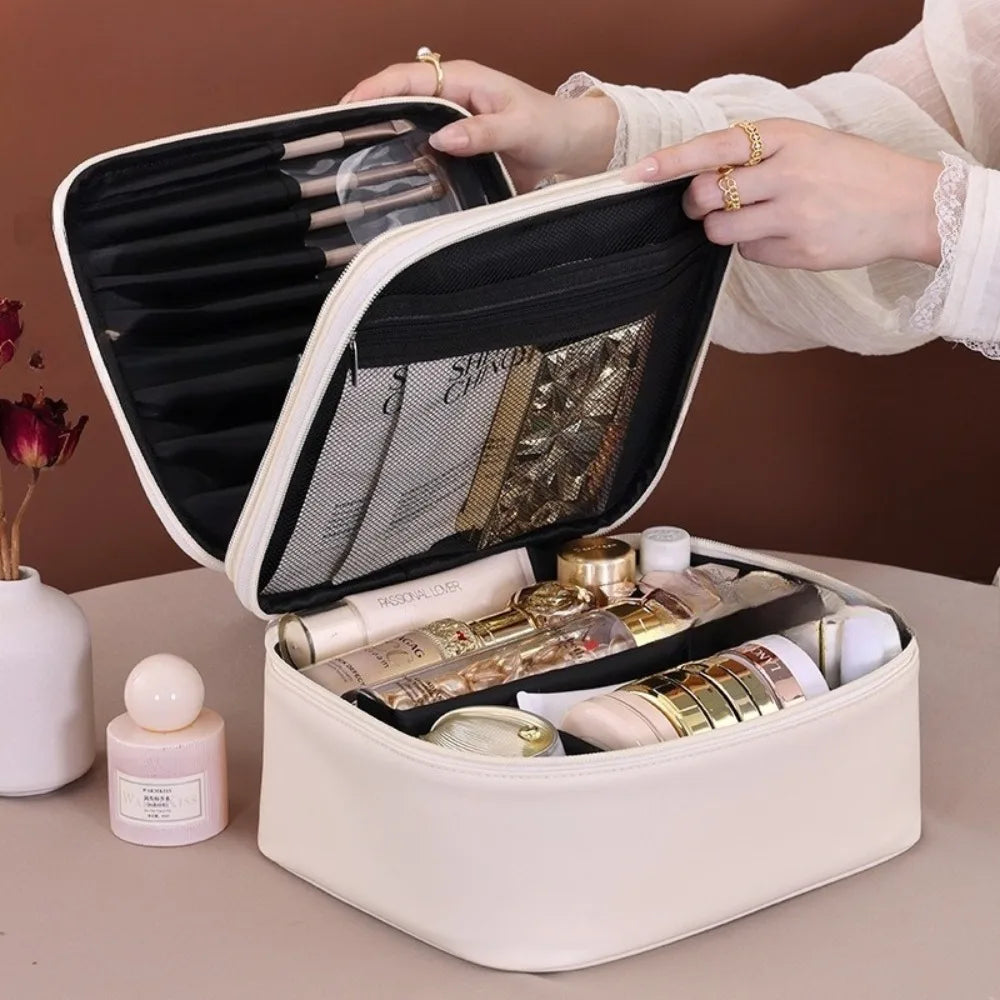 Pu Leather Fashion Women Travel Makeup Bag Tote Large Capacity Organizer Cosmetic Toiletry Pouch Luxury Double Layer Makeup Bag