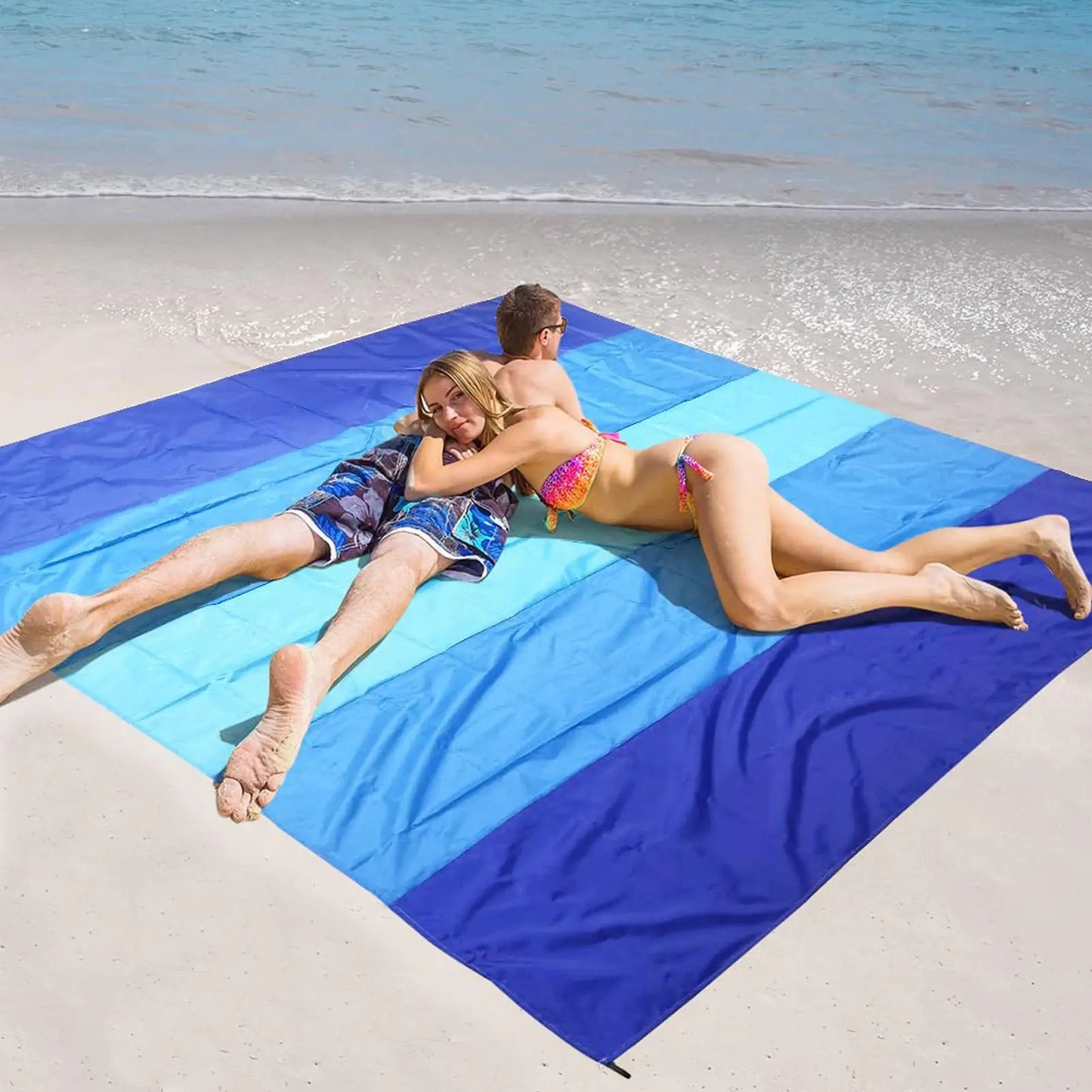 Grande couverture de plage surdimensionnée, tapis de plage résistant au sable, feuille à séchage rapide avec 4 piquets et 1 poche d'angle, 210x200cm, imperméable ﻿