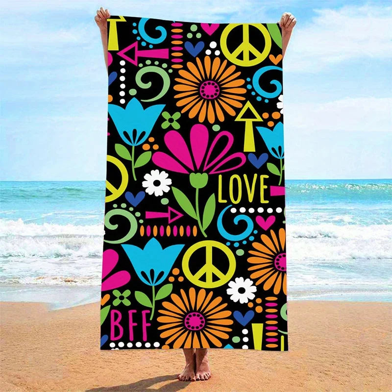 Serviette de plage Vintage fleur signe de paix motif imprimé Protection solaire coupe-vent adapté à la piscine Camping couverture de voyage