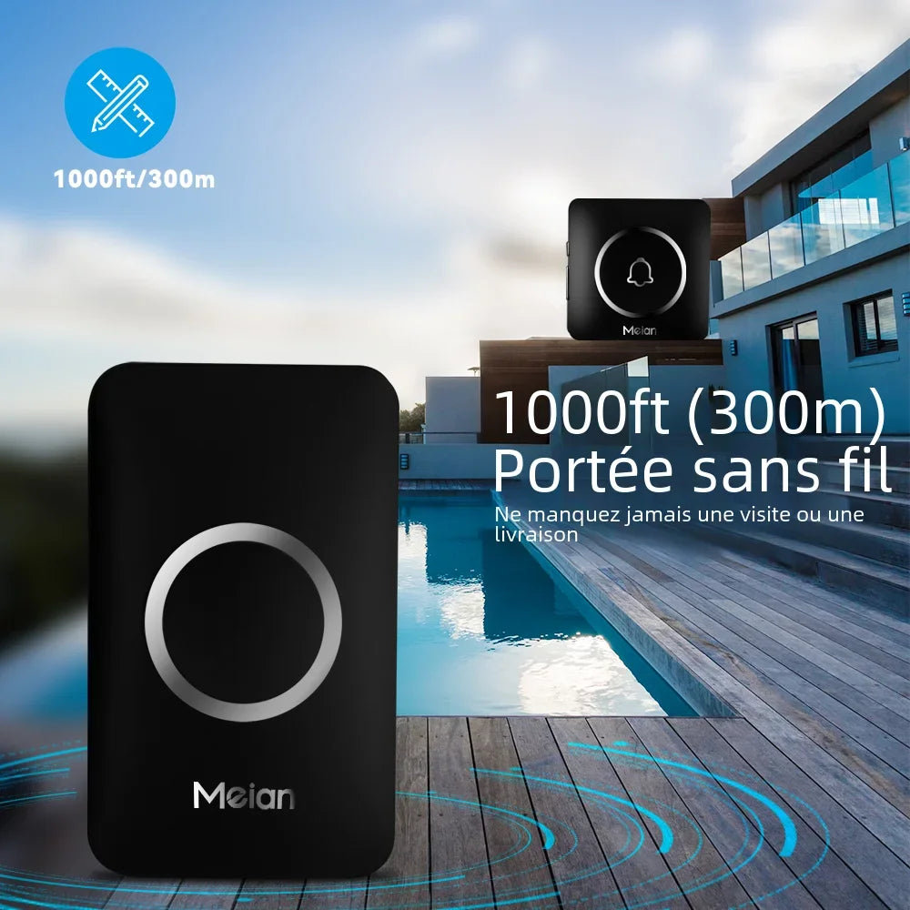 Meian-sonnette sans fil extérieure, sonnette de bienvenue pour maison intelligente, sonnette de porte étanche IP65, Kit de carillon, sonnerie 60, alarme Flash LED