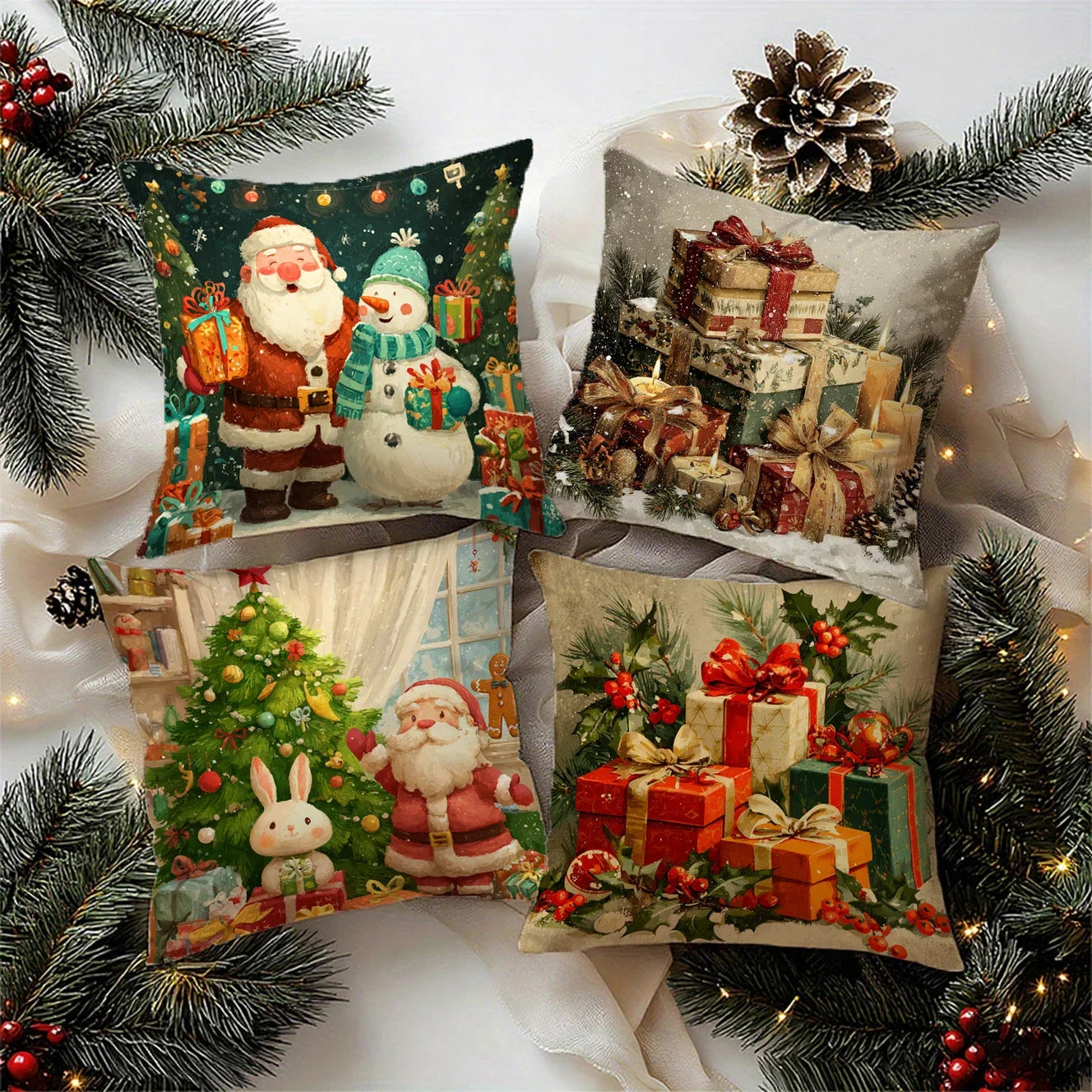 Housse de coussin décorative aux motifs festifs de Père Noël et bonhomme de neige