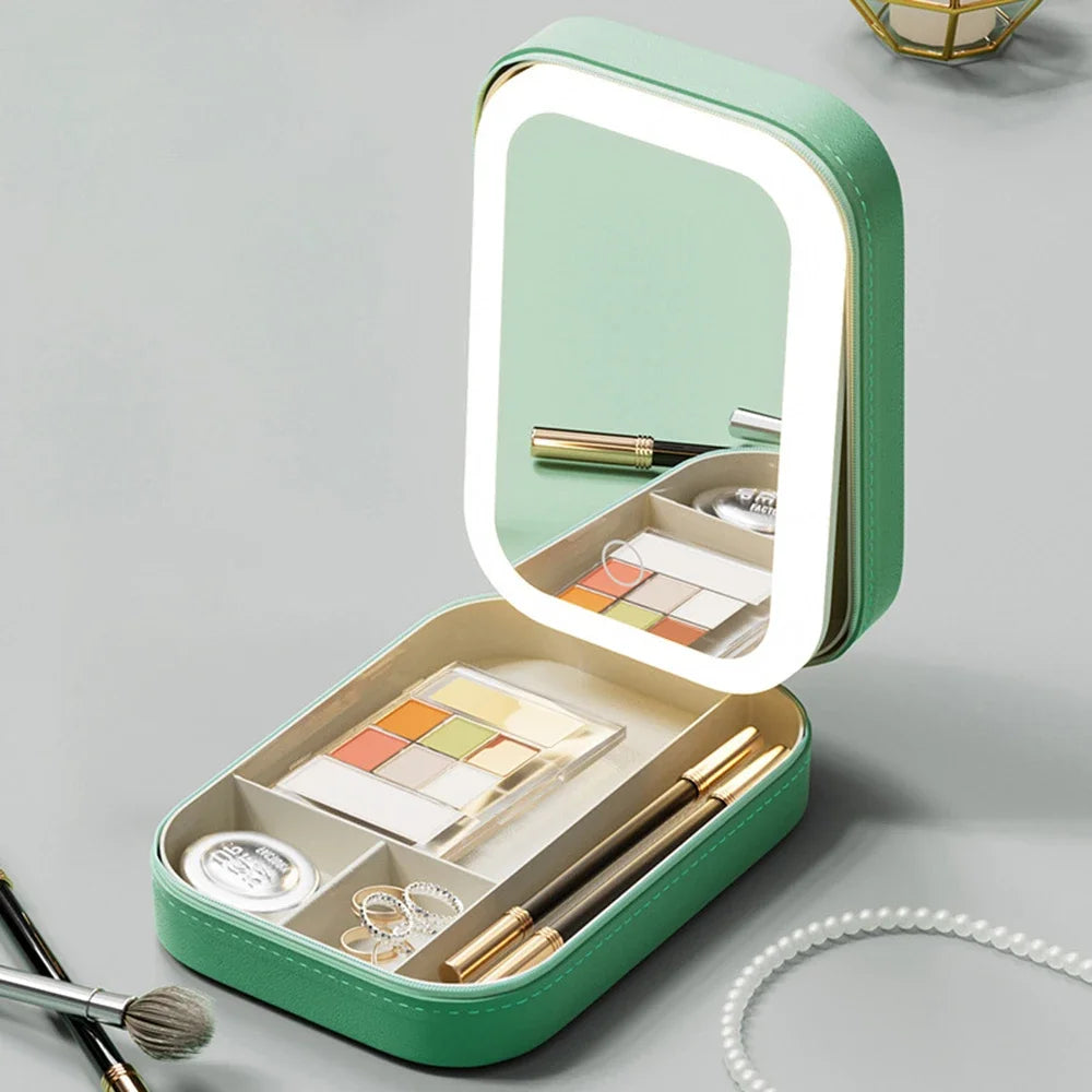 Boîte de rangement de maquillage miroir LED, étui de maquillage de voyage Portable, sac à cosmétiques, boîte de rangement de maquillage de grande capacité, accessoires de maquillage