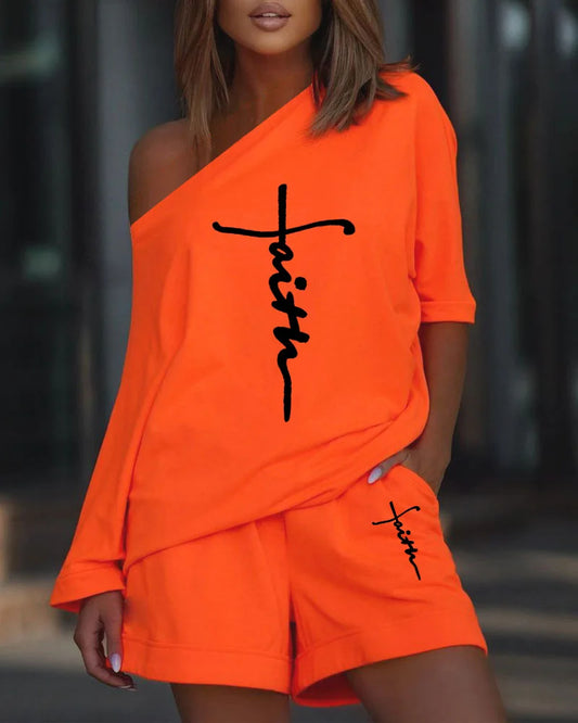 T-shirt à manches longues et col slash pour femme, short droit taille moyenne imbibé, impression adt, été, 2 pièces
