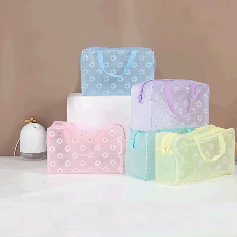 Trousse de toilette transparente en PVC pour femme, trousse de maquillage, sac de rangement pour le bain, sac à cosmétiques de voyage floral, étanche, 5 couleurs