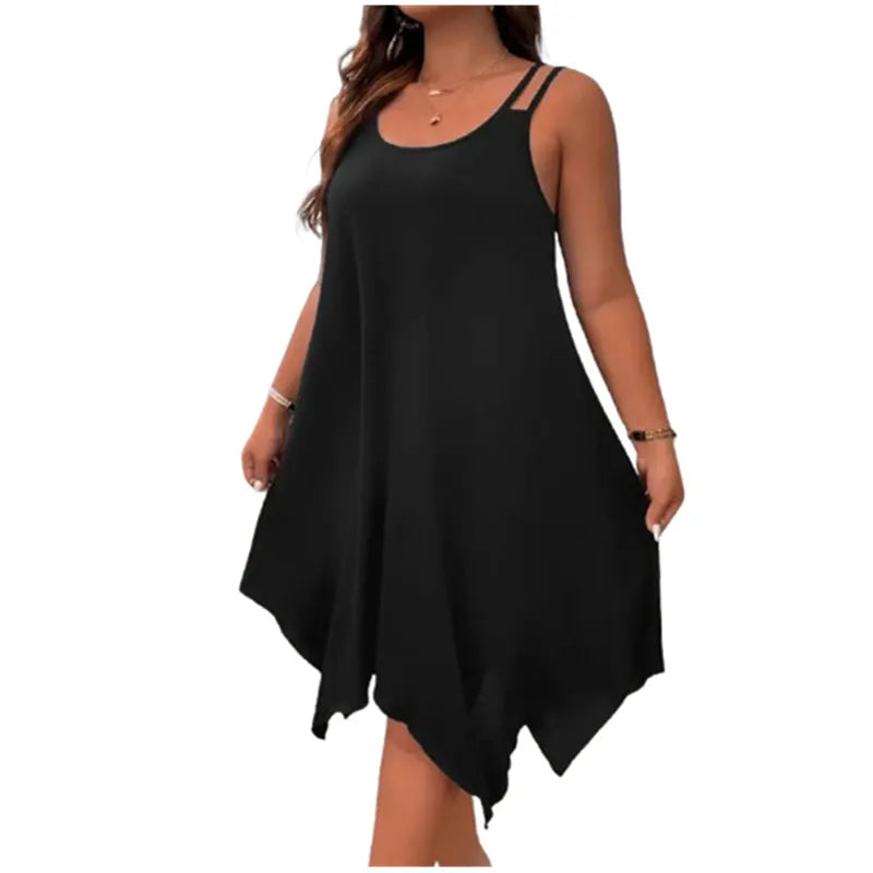 Grande taille femmes solide à bretelles ourlet asymétrique t-shirt robe mi-longue dames sans manches décontracté ample vacances d'été robe d'été XL-5XL
