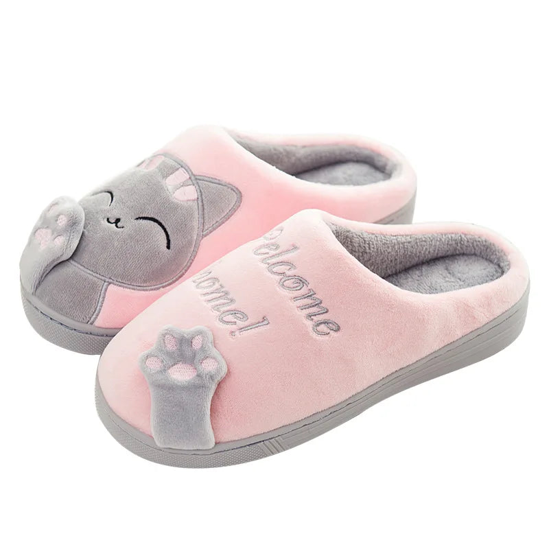 Pantoufles d'hiver pour femmes, chaussures de chat de dessin animé, douces et chaudes, pantoufles en coton