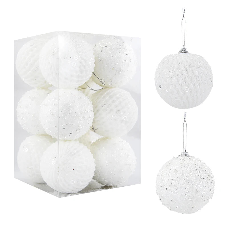 Ornements de sapin de Noël dorés et blancs scintillants, 8cm, 12 pièces